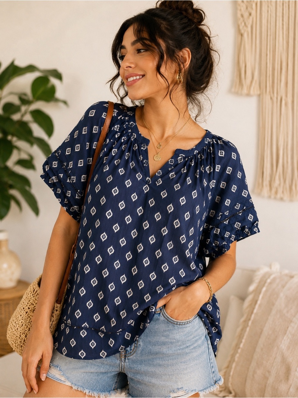 Lane Bryant 26/28 Navy Boho Print Peasant Top Puff Sleeve Plus Size